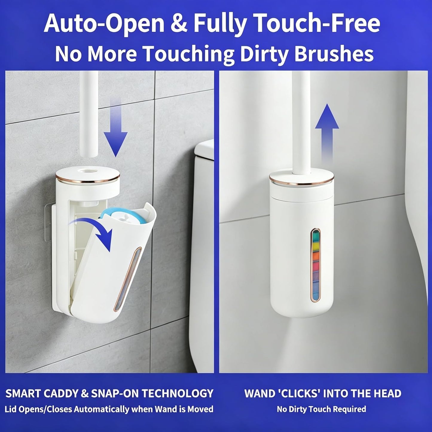 Disposable Toilet Brush, Wall-Mounted Toilet Wand Kit, 24 Refills | Toilet Bowl Cleaner Wand Touch Free, Extended Long Handle, Pre-Soaked Concentrated Cleaner Sponge, Bathroom Cleaning System