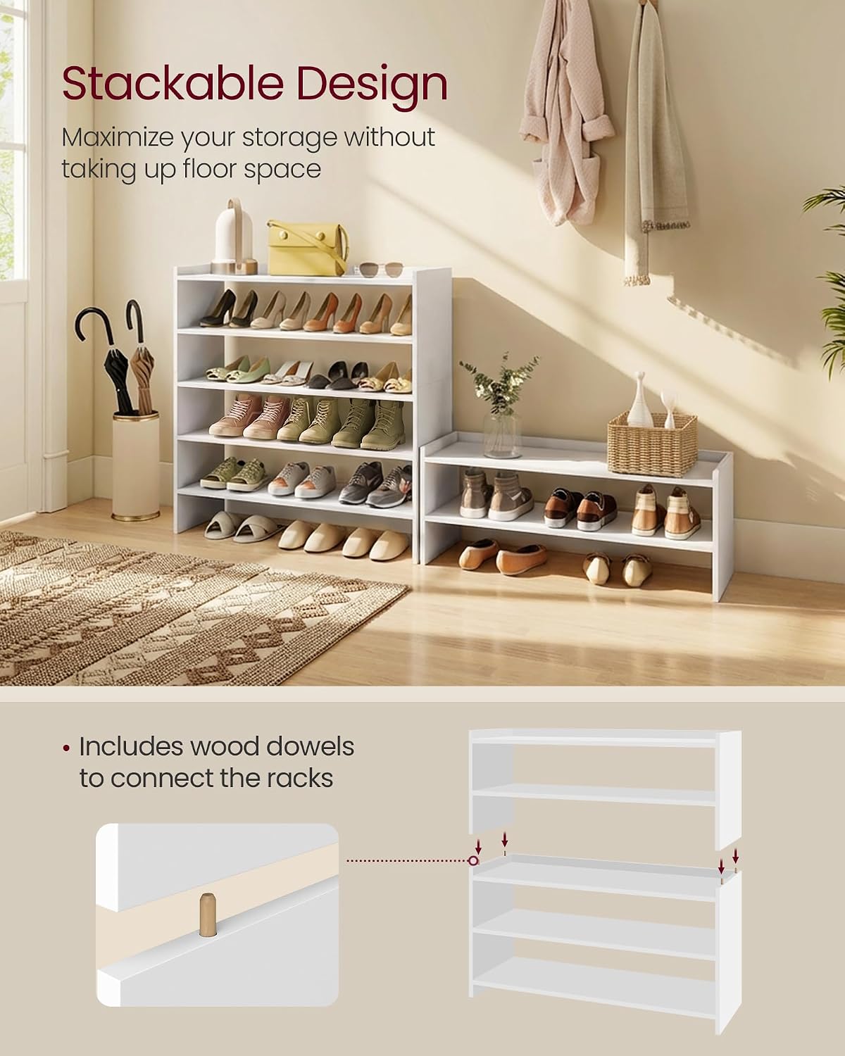 VASAGLE CUSTOS Collection - Shoe Rack for Closet, Stackable Shoe Organizer Shelf for Entryway, 2 Tiers, 11.7 x 24.4 x 14.2 Inches, White ULBS062WZ01S