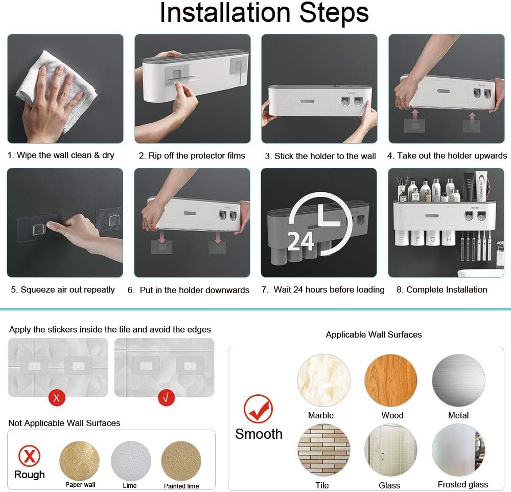 Toothbrush Holders for Bathrooms Wall Mounted, 6 Slot Toothbrush Holder with 2 Automatic Toothpaste Dispensers, 2 Magnetic Cups, Large Capacity Bathroom Organizer, Wall Storage with Drawer