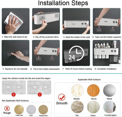Toothbrush Holders for Bathrooms Wall Mounted, 6 Slot Toothbrush Holder with 2 Automatic Toothpaste Dispensers, 2 Magnetic Cups, Large Capacity Bathroom Organizer, Wall Storage with Drawer