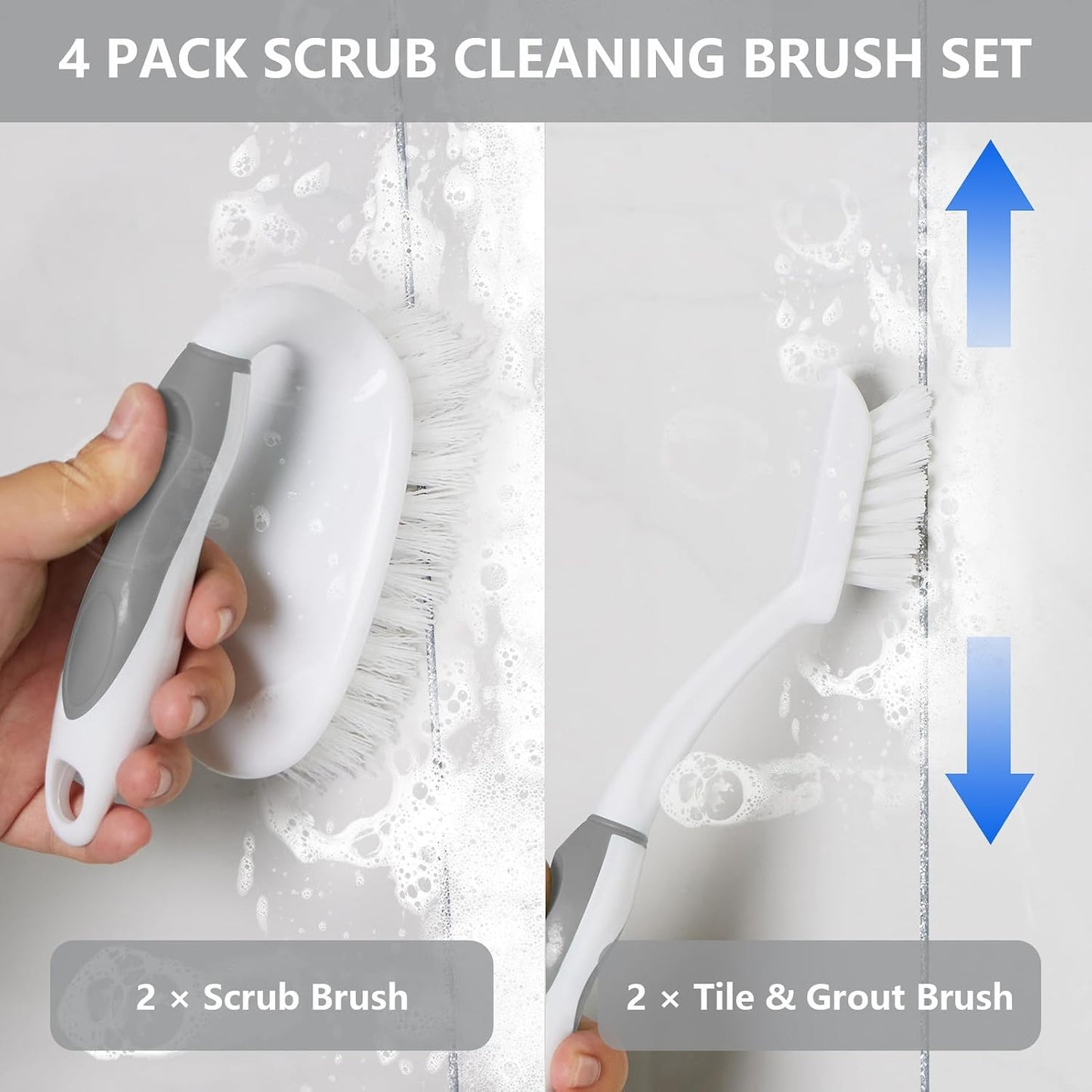 Scrub Brush Set, 4 Pack Deep Cleaning Brush Kit - 2 Scrub Brush, 2 Tile & Grout Brush with Built-in Scraper, Household Commercial Scrubber for Floor, Shower, Pool Wall, Tub (Green)