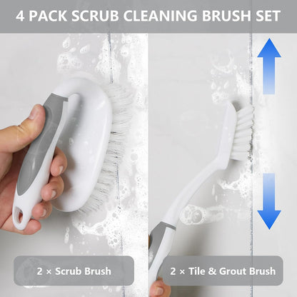 Scrub Brush Set, 4 Pack Deep Cleaning Brush Kit - 2 Scrub Brush, 2 Tile & Grout Brush with Built-in Scraper, Household Commercial Scrubber for Floor, Shower, Pool Wall, Tub (Green)
