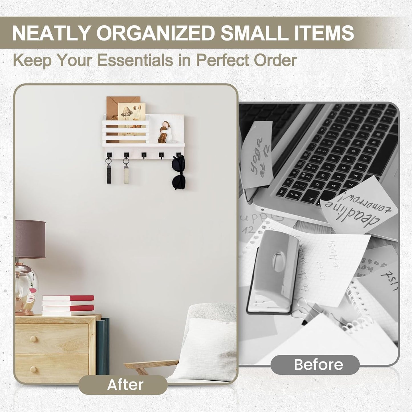 Key Holder Wall Mount, Mail Organizer for Wall with 5 Square Rustic Key Hooks Key Shelf Farmhouse Home Decor for Entryway
