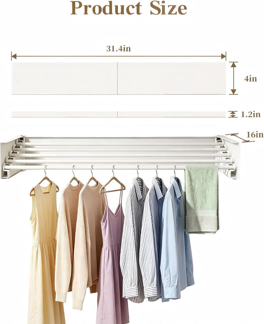 Wall Mounted Foldable Clothes Drying Rack Carbon Steel 5 Rods, Space-Saving Laundry Drying Rack with Wall Template (1, White, 31.5")