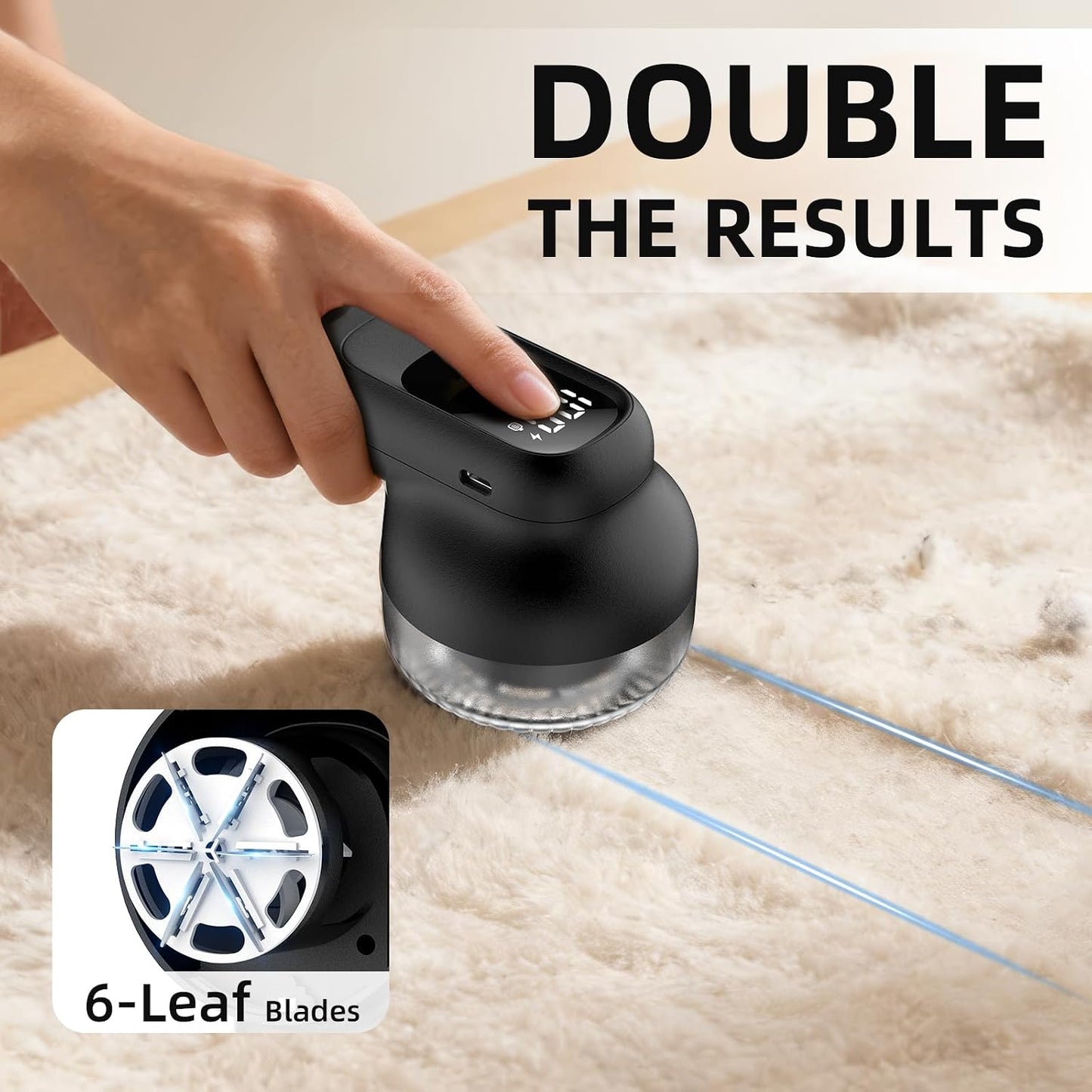 Fabric Shaver, Lint Remover Rechargeable with 3 Speeds, 6 Leaf Blades, Digital LED Display to Remove Fuzz Lint Balls for Clothes, Furniture, Sweater and Couch (Black)