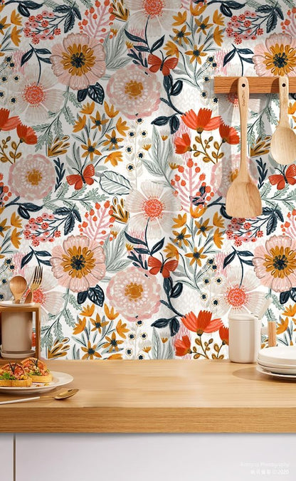 HAOKHOME Boho Peel and Stick Wallpaper Floral Wall Paper Removable for Bedroom Navy/Pink/Orange Contact Paper 17.7in x 9.8ft