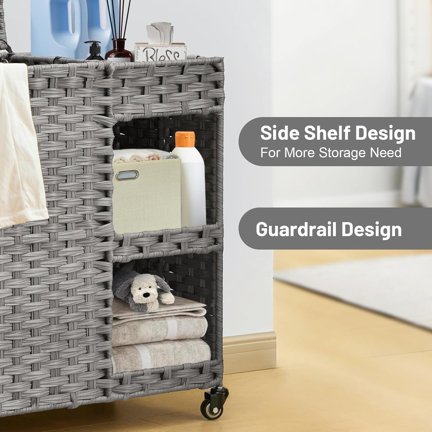 Laundry Hamper with Wheels, 42.3 Gal.(160 L) Laundry Sorter with Shelves, Rattan Clothes Hamper with 4 Removable Liners & 3 Mesh Bags, Handwoven Organizer for bedroom, bathroom, laundry room, Natural