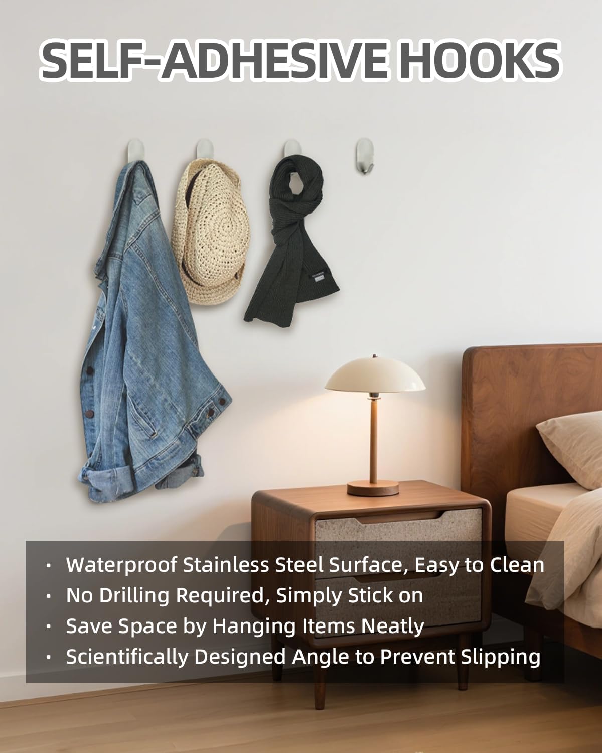 White Adhesive Hooks, 6-Pack Heavy Duty No Drill Bathroom Hooks | Waterproof & Rustproof Stainless Steel, Strong Adhesion, Holds Up to 11 lbs, Self Adhesive Wall Hooks for Towels & Robes