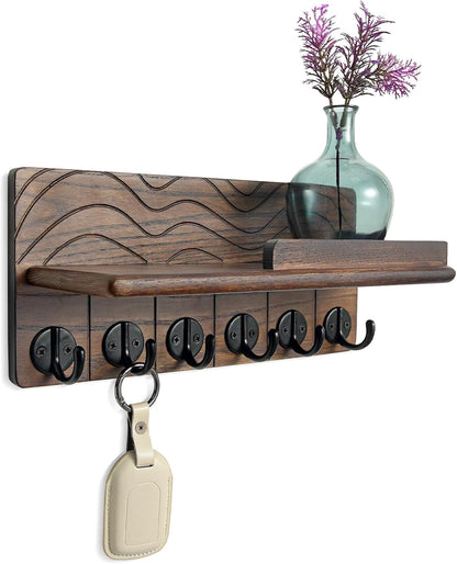Key Holder Wall Decor-11.8" Solid Ash Wood Entryway Organizer with 6 Hooks & Extra Deep Storage Rack for Key, Mail, Wallet, Leash, Glasses, Hand-Polished & Stained, Easy-Assembly