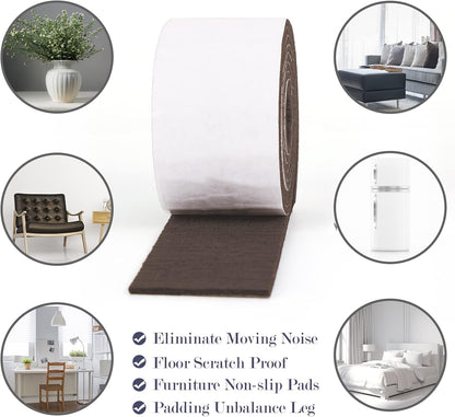 Pllieay 2 Pack Felt Strip Rolls with Adhesive Backing Heavy-Duty Felt Furniture Pads for Hardwood Floors and Rocking Chair to Protect Surface from Scratches & Damage(Brown, 118 x 2 x 0.12 Inch)