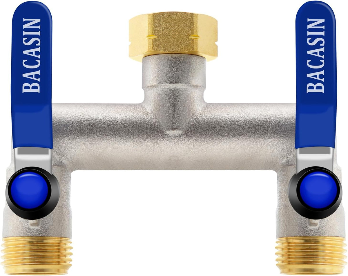 Brass Garden Hose Splitter 2-Way Heavy Duty - 3/4" GHT Threads with 2×304 Stainless Steel Handles, High Flow Design for Efficient Water Distribution