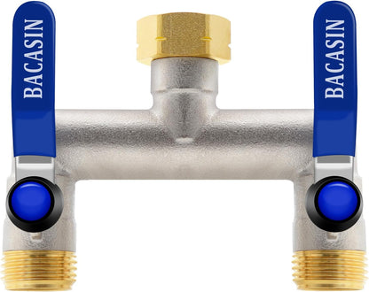 Brass Garden Hose Splitter 2-Way Heavy Duty - 3/4" GHT Threads with 2×304 Stainless Steel Handles, High Flow Design for Efficient Water Distribution