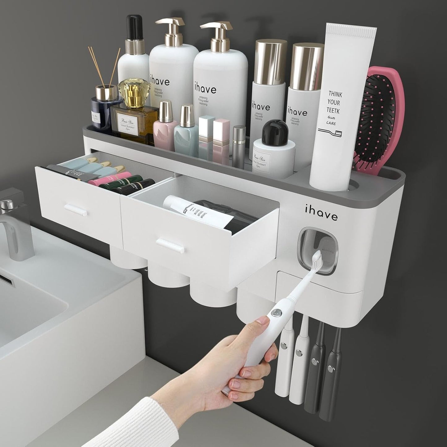 iHave Toothbrush Holders for Bathrooms, 2 Cups Toothbrush Holder Wall Mounted with Toothpaste Dispenser - Large Capacity Tray, Cosmetic Drawer - Tooth Brushing Holder & Bathroom Accessories