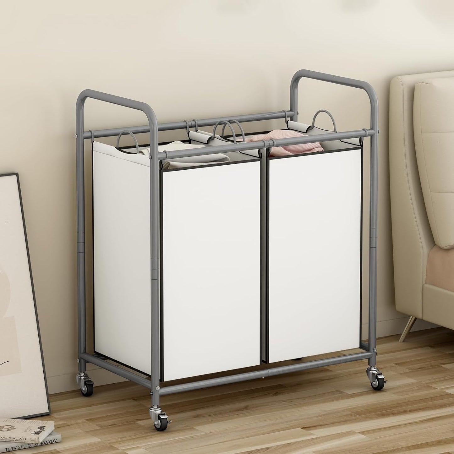 SUOERNUO Laundry Sorter Basket 2 Bag Laundry Hamper Cart with Rolling Lockable Wheels and Removable Bags Laundry Organizer Cart for Clothes Storage, Assorted