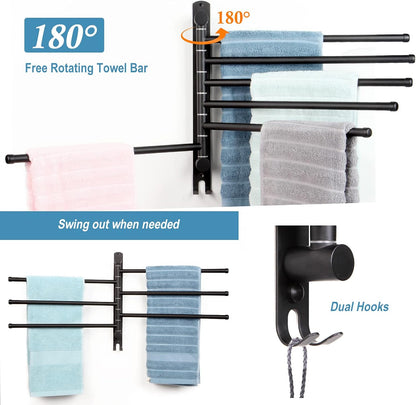 5-Arm Swivel Towel Rack - 180° Rotating Wall Mounted, 304 Stainless Steel Rustproof, Heavy Duty Bathroom Accessories, Space Saving Towel Organizer for Bathroom Kitchen Laundry - Pearl White