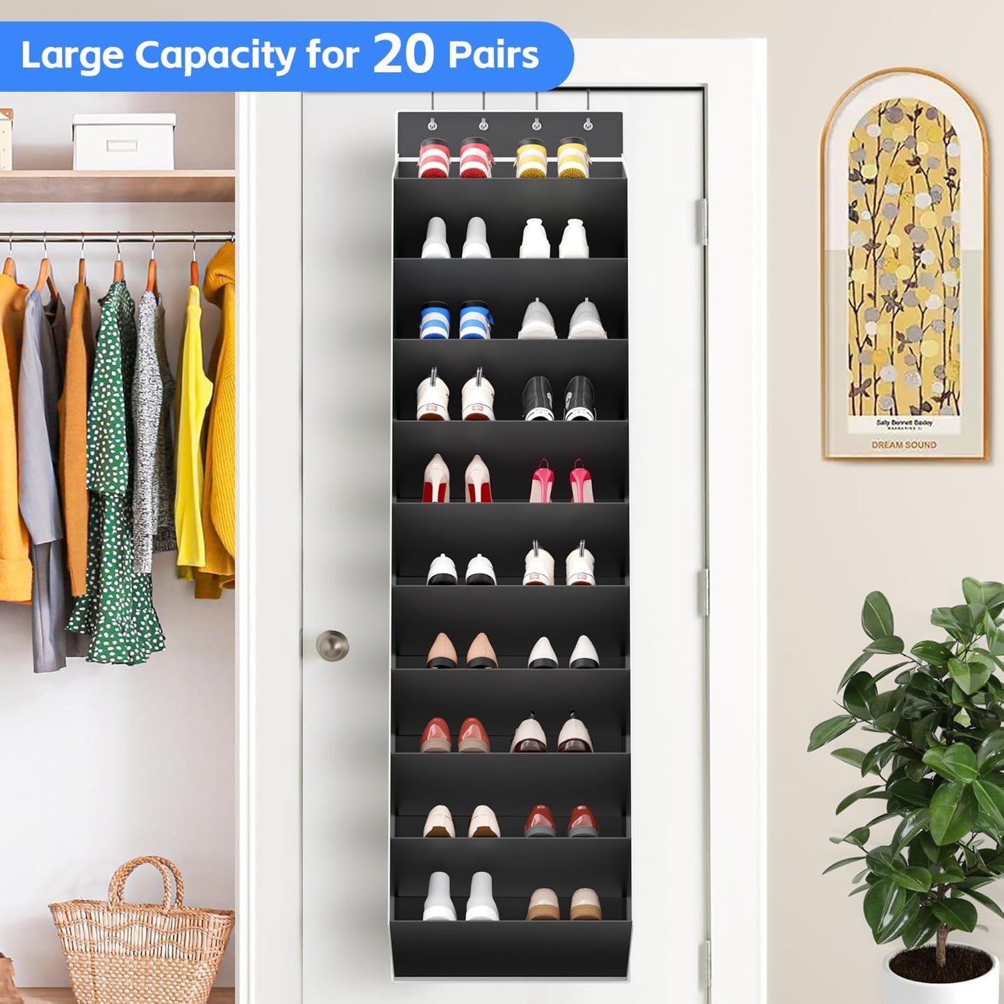 REGELETO 28 Large Pocket Over the Door Shoe Organzier, Hanging Shoe Rack for Door Large Capacity Shoe Organizer Holder with 4 Metal Hooks.