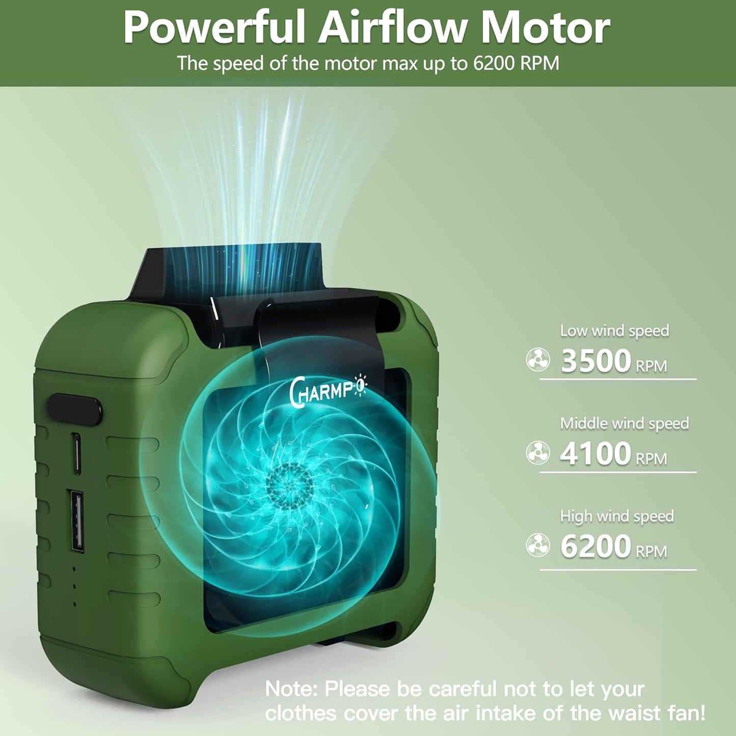 Waist Clip Fan - 5000mAh Rechargeable Portable Personal Fan, 39ft/s Ultra-Strong Wind, 29H Runtime, 5 Speeds, LED & SOS Light, for Outdoor, Camping, Hiking, Construction