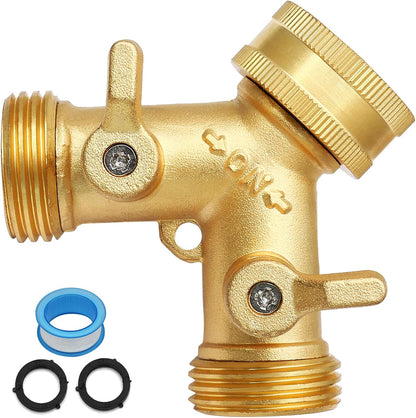 Biaungdo 2 Pcs 2 Way Connector Garden Hose Splitter, 3/4 Inch, Brass | Garden Hose Y Splitter, Solid Brass Hose Adapter Y Valve Spigot Faucet Adapter with Faucet Watering Shut Off Valves