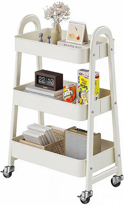 DUMOS 3 Tiers Rolling Cart, Utility Cart, Metal, White | Mobile Storage, Lockable Wheels, Utility Shelving Unit, Kitchen, Bathroom, Laundry, Narrow Places