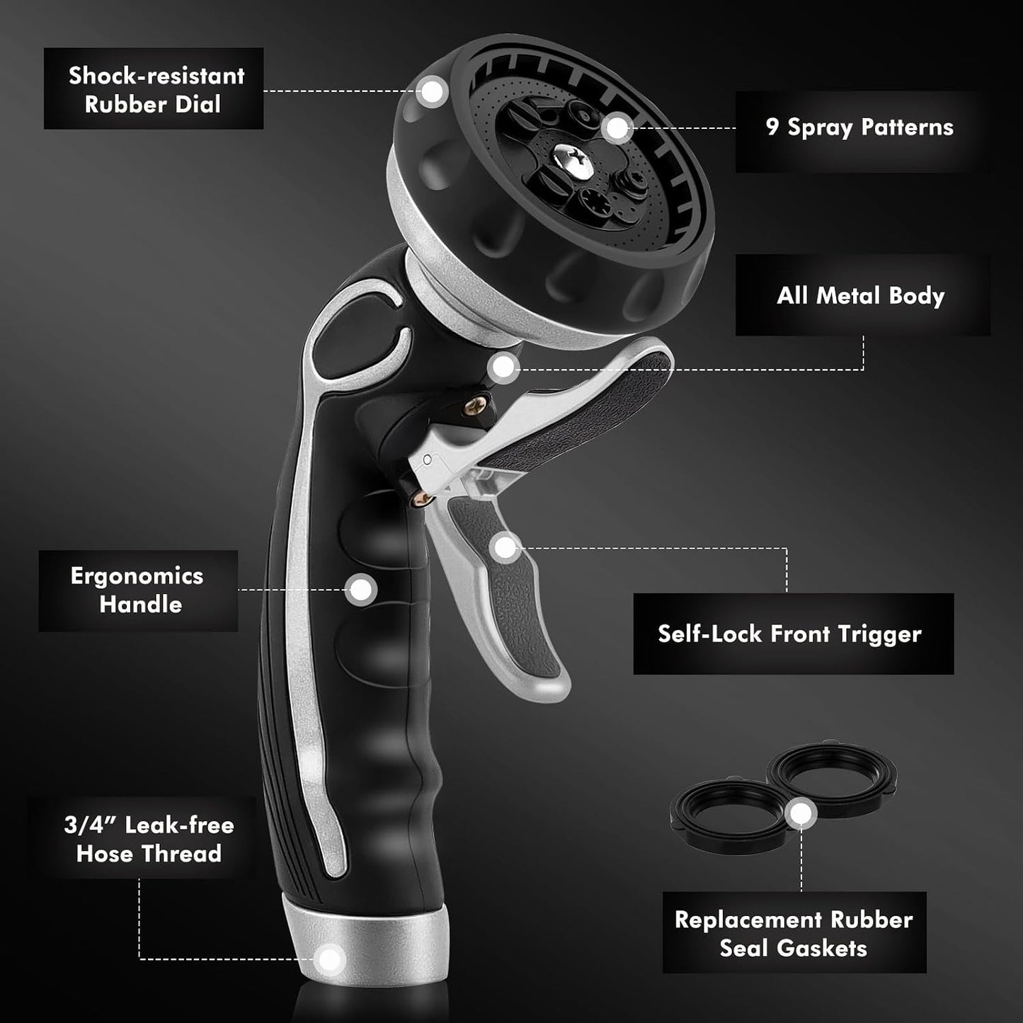 RESTMO Hose Nozzle with Easy Self-Lock Trigger, Heavy Duty Metal Water Hose Sprayer with 9 Spray Patterns and On/Off Valve, Ideal for Outdoor Lawn & Garden Watering, Car & Pet Washing