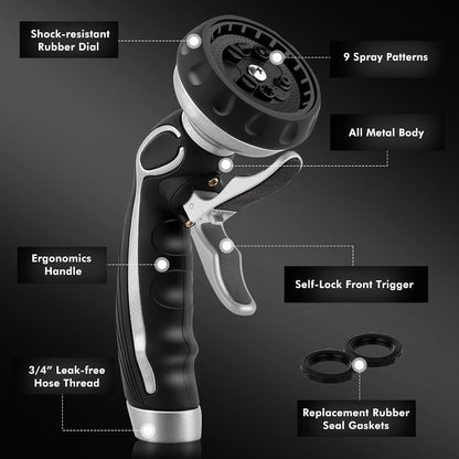 RESTMO Hose Nozzle with Easy Self-Lock Trigger, Heavy Duty Metal Water Hose Sprayer with 9 Spray Patterns and On/Off Valve, Ideal for Outdoor Lawn & Garden Watering, Car & Pet Washing