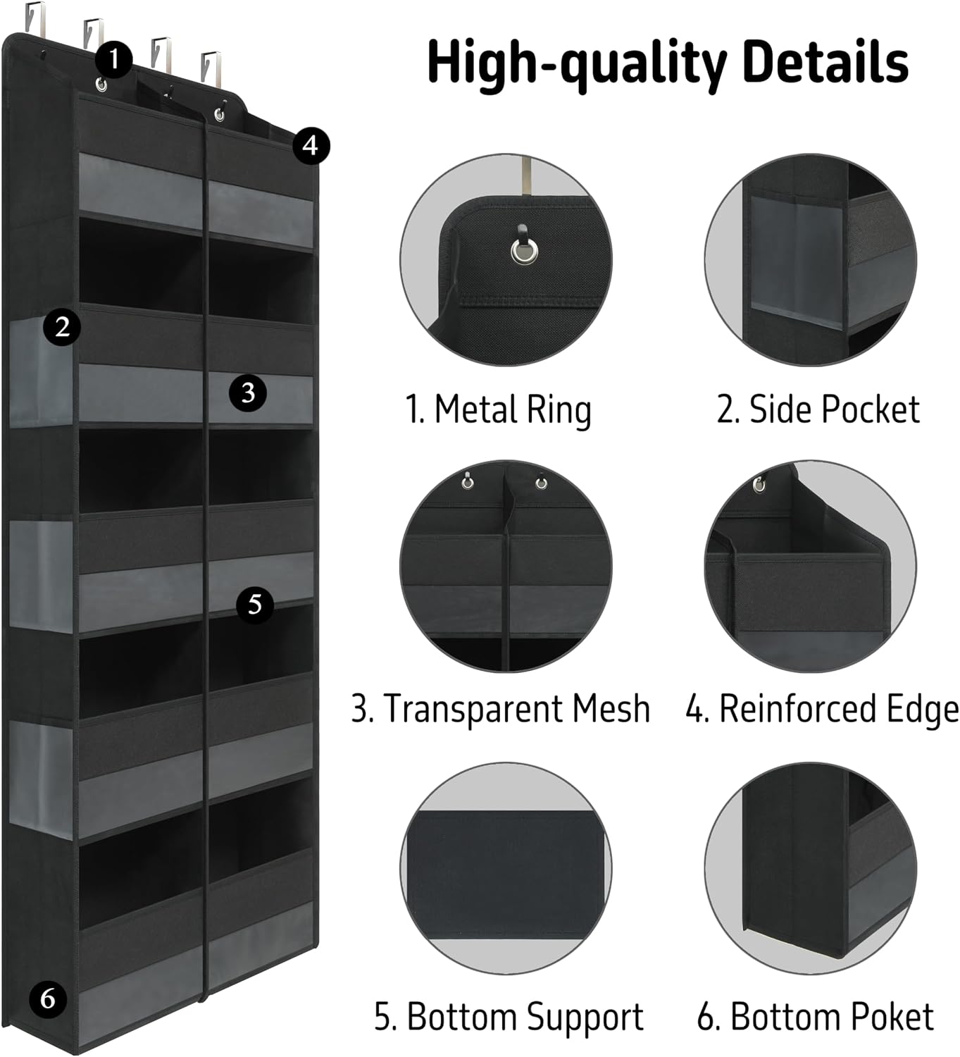 Giraffe Creation Black Over Door Organizer with 10 Large Clear Pockets, Double-Row Hanging Door Storage for Closet, Bathroom, Nursery, Bedroom, Dorm, Toys, Cosmetics, Baby Essentials
