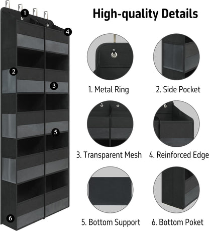 Giraffe Creation Black Over Door Organizer with 10 Large Clear Pockets, Double-Row Hanging Door Storage for Closet, Bathroom, Nursery, Bedroom, Dorm, Toys, Cosmetics, Baby Essentials