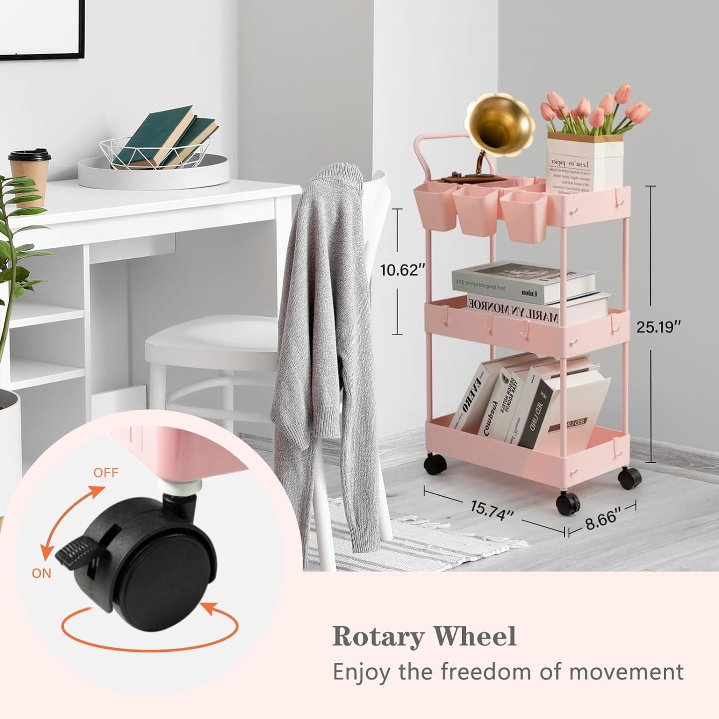 danpinera Storage Cart on Wheels, 3 Tier Slim Laundry with Wheels Bathroom Organizer with Hanging Cups Hooks Dividers Handle Mobile Rolling Art Cart for Bathroom Kitchen Narrow Places, White