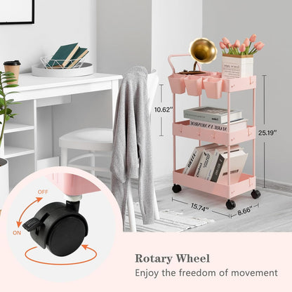 danpinera Storage Cart on Wheels, 3 Tier Slim Laundry with Wheels Bathroom Organizer with Hanging Cups Hooks Dividers Handle Mobile Rolling Art Cart for Bathroom Kitchen Narrow Places, White