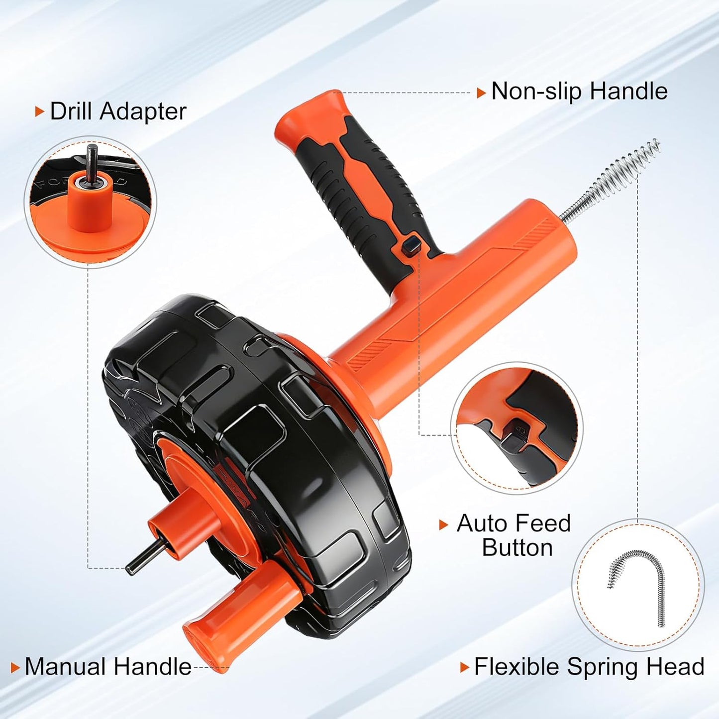 Auto-Feed Drain Snake Auger 25 ft with Drill Adapter, Plumbing Snake Drain Hair Removal Tool, Drain Auger Snake Hair Drain Clog Remover for Shower Kitchen Bathroom Sink, Come with Gloves