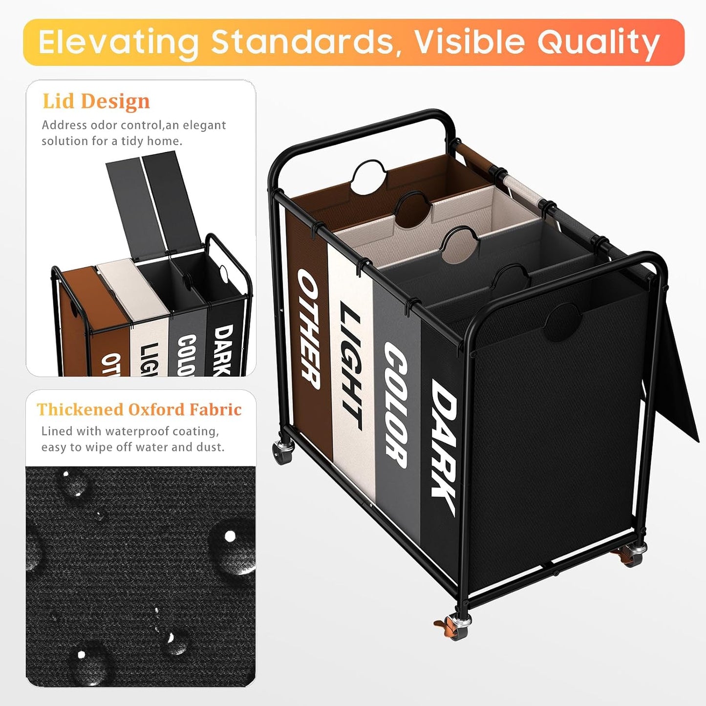 180L (47.55 Gal) Laundry Sorter 3 Section, Rolling Laundry Basket with Lockable Wheels and Lid, Laundry Hamper with 3 Separated Removable Bags Dirty Clothes Hamper for Laundry Room Organizer, Black