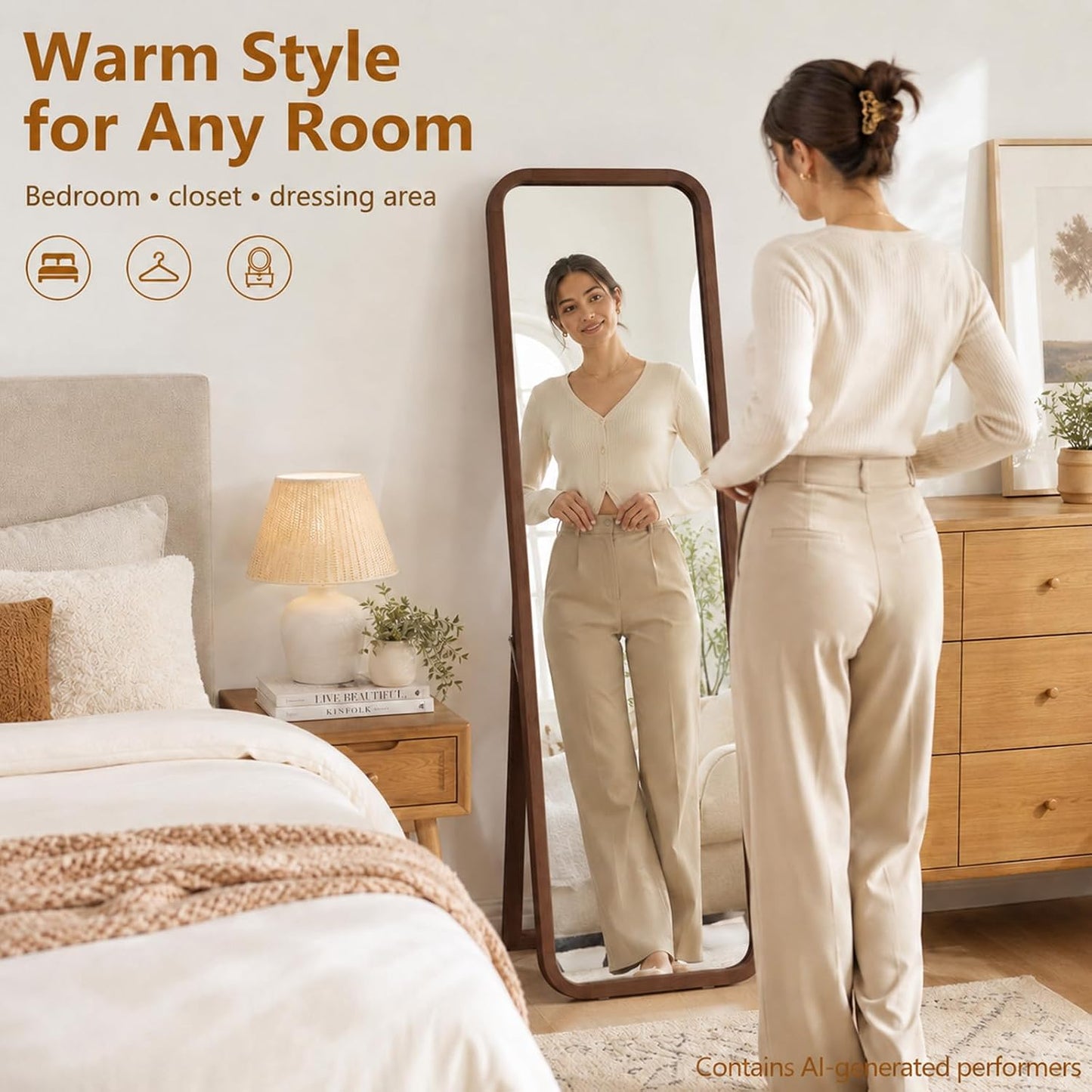 Anwick Full Length Floor Mirror Wood Frame Standing Mirror Walnut 63 in | Solid Wood Frame, Clear Float Glass, Adjustable Stand or Wall Mount, Rounded Walnut Finish for Bedroom or Dressing Room