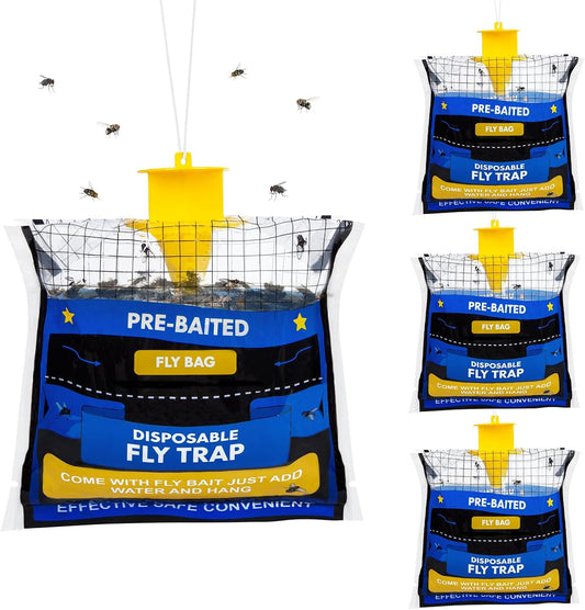 6 Pack Fly Traps Outdoor Hanging for Patio, Outdoor Disposable Hanging Fly Trap with 30g Bait, Bug Fly Hunter Catcher Killer Control for Barn Horse Ranch Chicken Coop