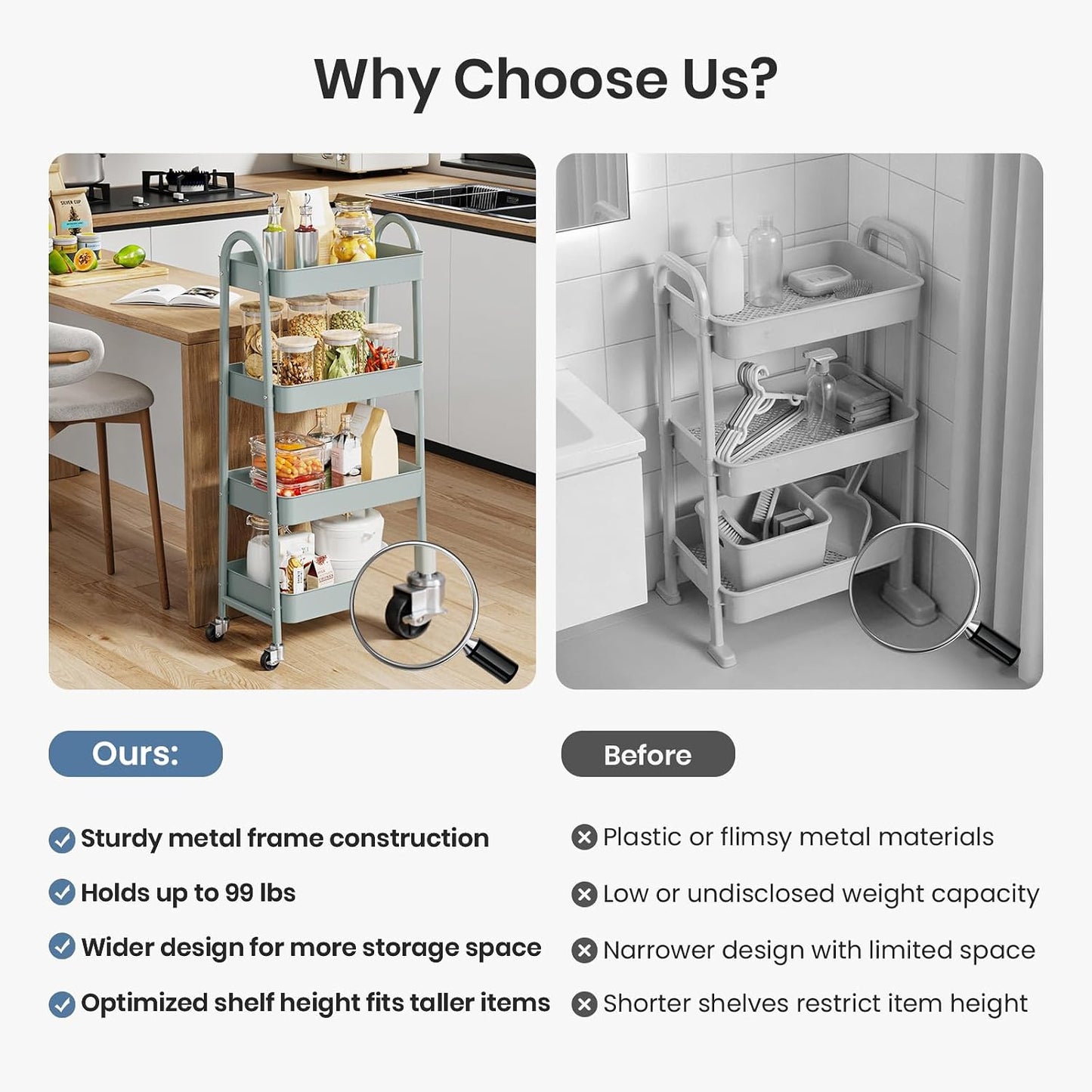 DUMOS 3 Tiers Rolling Cart, Utility Cart, Metal, White | Mobile Storage, Lockable Wheels, Utility Shelving Unit, Kitchen, Bathroom, Laundry, Narrow Places