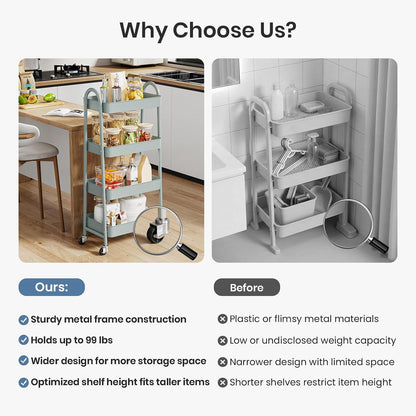DUMOS 3 Tiers Rolling Cart, Utility Cart, Metal, White | Mobile Storage, Lockable Wheels, Utility Shelving Unit, Kitchen, Bathroom, Laundry, Narrow Places
