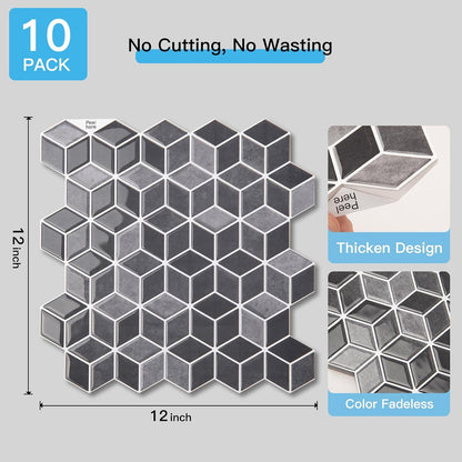 Art3d 10-Sheet Peel and Stick Backsplash Tiles, 12x12 Inch Self-Adhesive 3D Wall Tiles for Kitchen, Bathroom, Countertop - Thickened Waterproof Design (Graphite Gray)