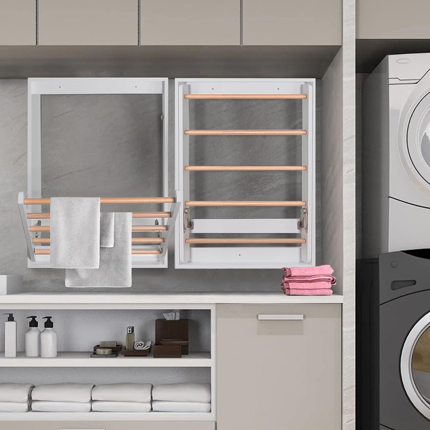 Wooden Wall Mounted Clothes Drying Rack for Laundry Room,White | Solid Wood Crossbar|Space-Saving Design|Easy Installation|Wall-mounted Pull-down Folding Design