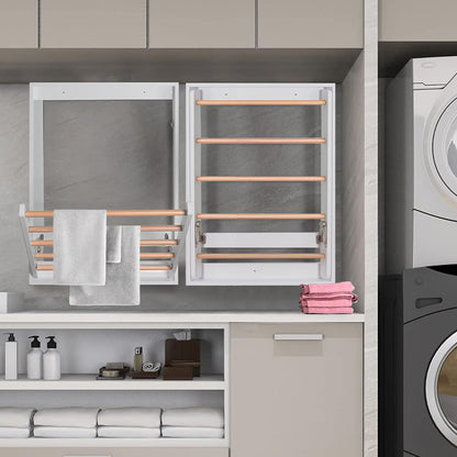 Wooden Wall Mounted Clothes Drying Rack for Laundry Room,White | Solid Wood Crossbar|Space-Saving Design|Easy Installation|Wall-mounted Pull-down Folding Design