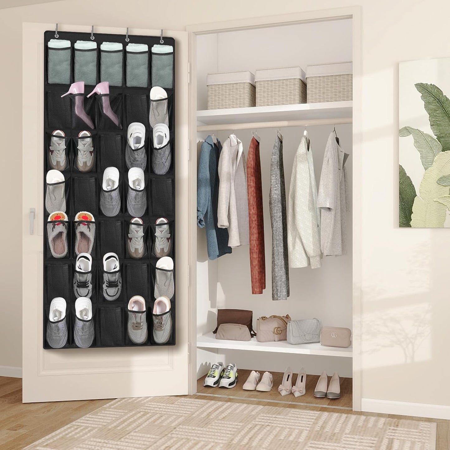 FENTEC 40 Large Pockets Over The Door Shoe Organizer, Mesh Hanging Shoe Organizer Shoe Rack for Closet Mesh Closet Shoe Holder, Over Door Organizer, Shoe Organizer for Wall, Grey, 1 Pack