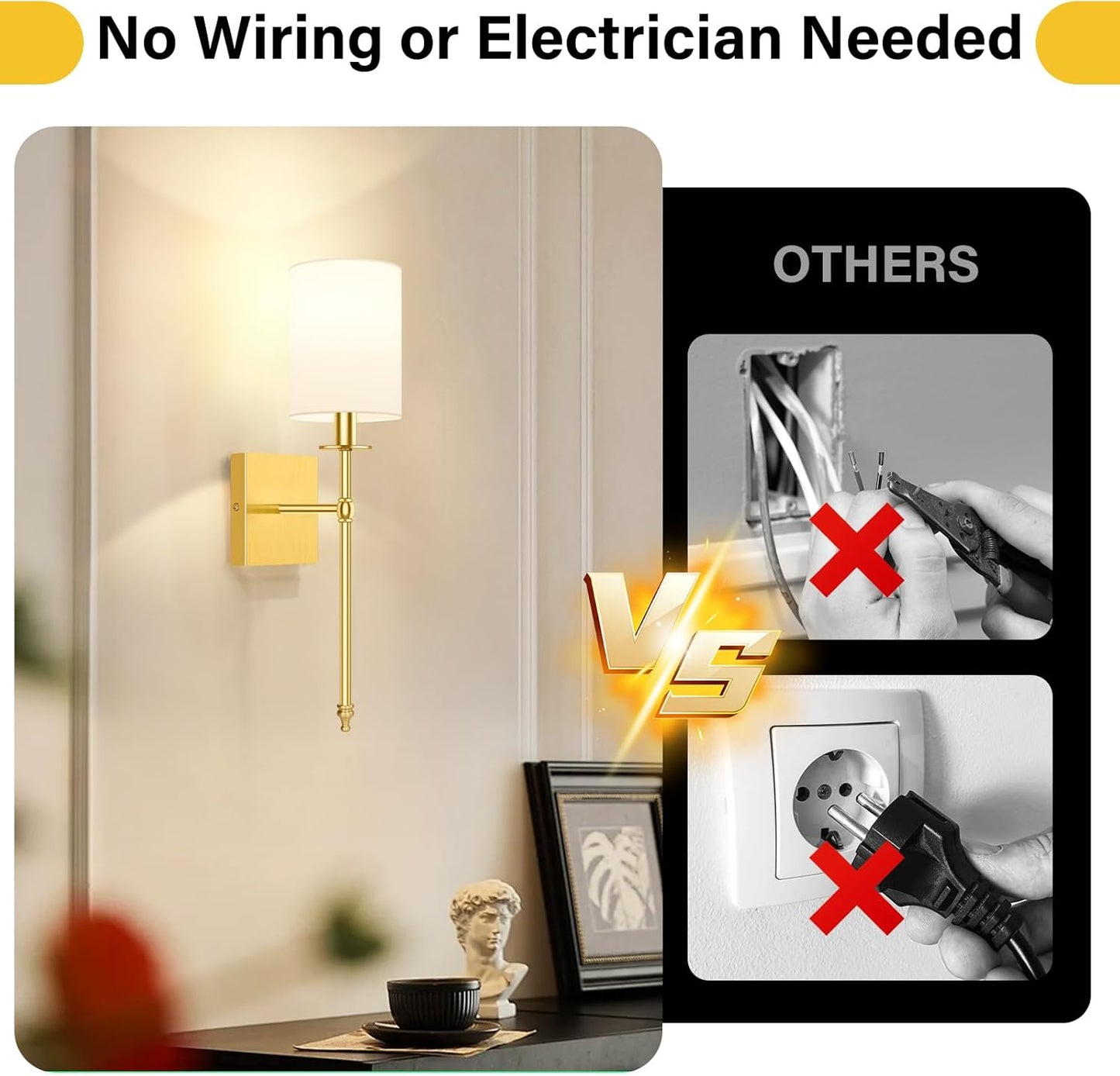 24.8 Inch Black Battery Operated Wall Sconces Set of 2, Rechargeable Wireless Wall Lights with Remote & White Fabric Shade, Indoor Not Hardwired Dimmable Wall Lamps for Bedroom, 2 Bulbs Included