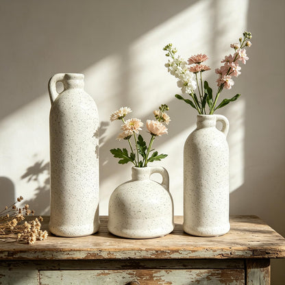 Ceramic Vase Set of 3,Rustic Vase Home Decor, Farmhouse Vase Decor for Shelves,Entry Table,Living Room,Fireplace