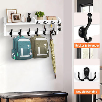 Coat Rack Wall Mount with Shelf, 27.5" Entryway Wall Hanging Shelf, Coat and Key Hanger with 10 Dual Hooks, Mail Organizer and Key Holder Hat Rack for Wall, Wood Coat Hooks with Storage