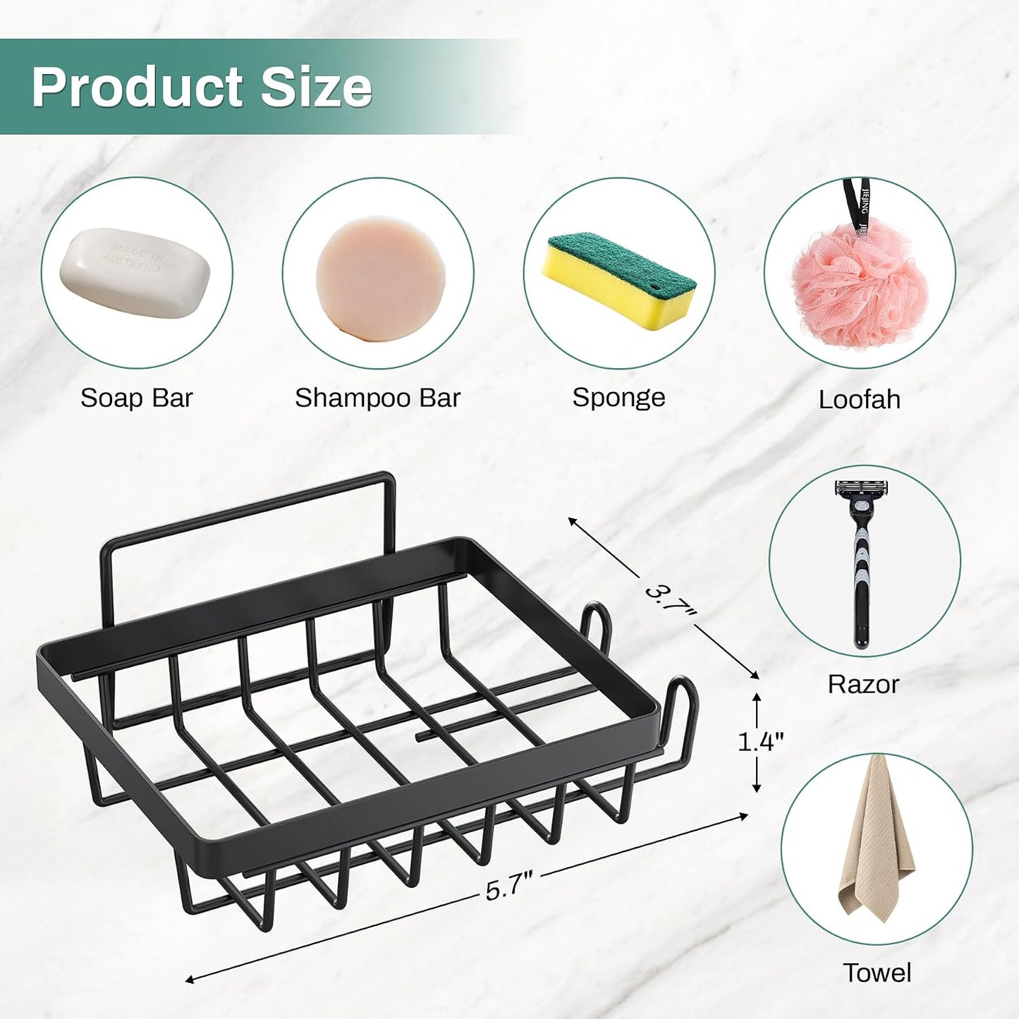 Adhesive Soap Bar Holder for Shower Wall, Self Draining Soap Dish Container Caddy Saver with 2 Hooks for Razor Loofah, Shampoo Sponge Tray Case Box for Bathroom Kitchen Sink, Black