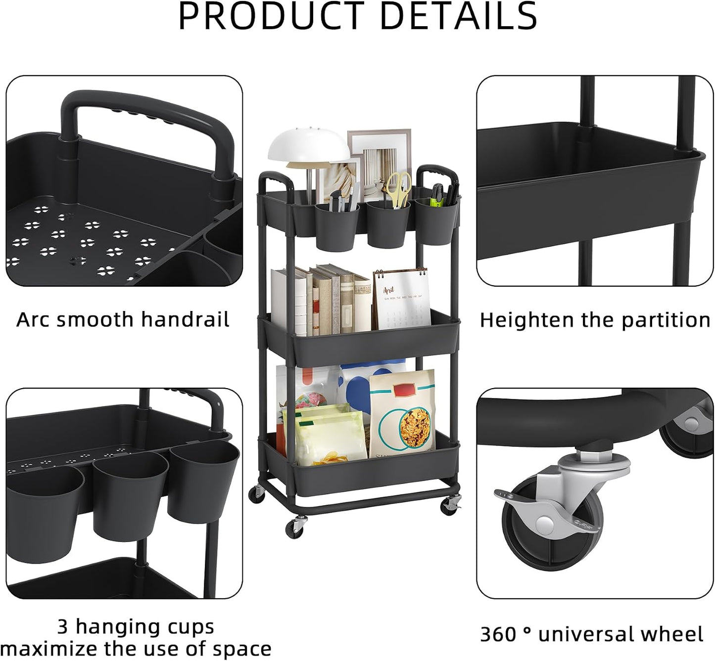JIUYOTREE 4-Tier Plastic Rolling Storage Cart Utility Cart with Extra Hanging Cups Handles Lockable Wheels for Living Room Bathroom Kitchen Office White