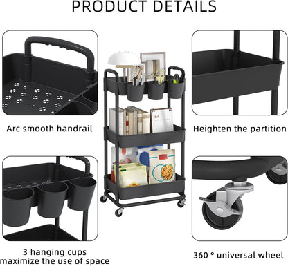 JIUYOTREE 4-Tier Plastic Rolling Storage Cart Utility Cart with Extra Hanging Cups Handles Lockable Wheels for Living Room Bathroom Kitchen Office White