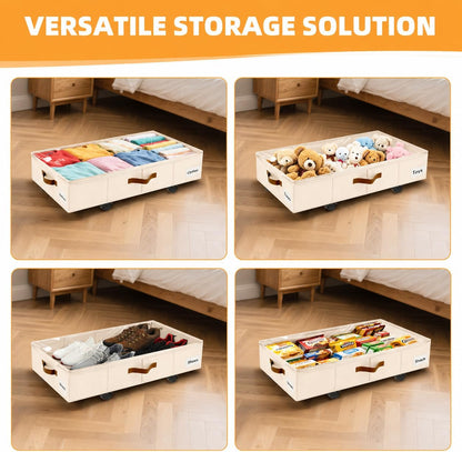 Under Bed Storage with Wheels,Underbed Storage with Sturdy Sidewalls/Bottom, Clear Cover, Label and PU Handle, Rolling Under Bed Drawers for Clothes, Shoes, 6.5 Inch Height,Black, 2 Pack