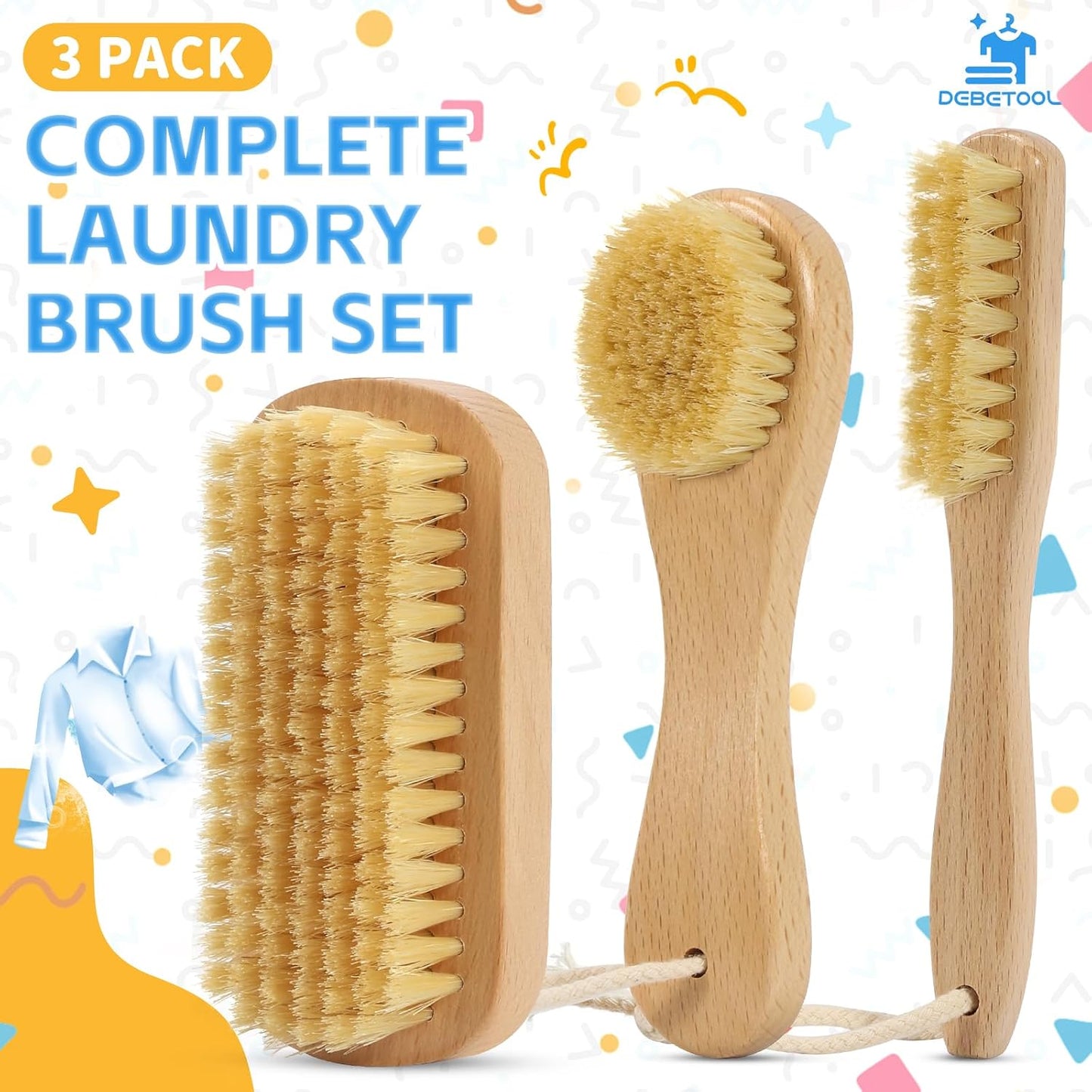 DEBETOOL 3-Piece Wooden Laundry Brush for Stains on Clothes - Gentle Boar Bristle Laundry Scrub Brush Stain Remover for Delicate and Everyday Fabrics