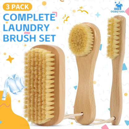 DEBETOOL 3-Piece Wooden Laundry Brush for Stains on Clothes - Gentle Boar Bristle Laundry Scrub Brush Stain Remover for Delicate and Everyday Fabrics