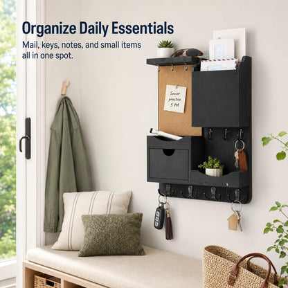 Key Holder for Wall Mount with Shelf and Mail Organizer, Key and Mail Holder with 16 Hooks, Farmhouse Entryway Organizer, Home Decor Rack (Pine Wood, Black)