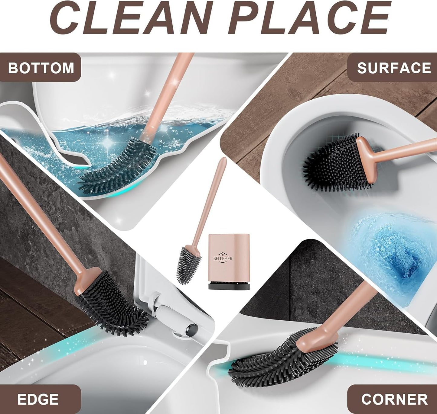 Sellemer Toilet Brush and Holder Set - Flexible Toilet Bowl Brush Head with Silicone Bristles, Compact Size for Storage and Organization, Ventilation Slots Base (1 Pack, Silver)